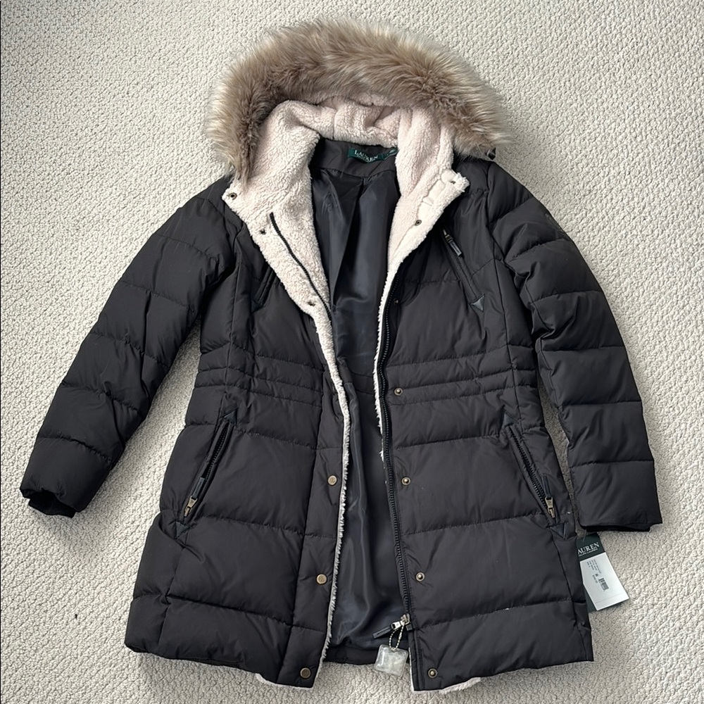 Ralph Lauren Black Women's Puffer Jacket Faux Fur Hood Sz S Small $340 - Picture 1 of 8